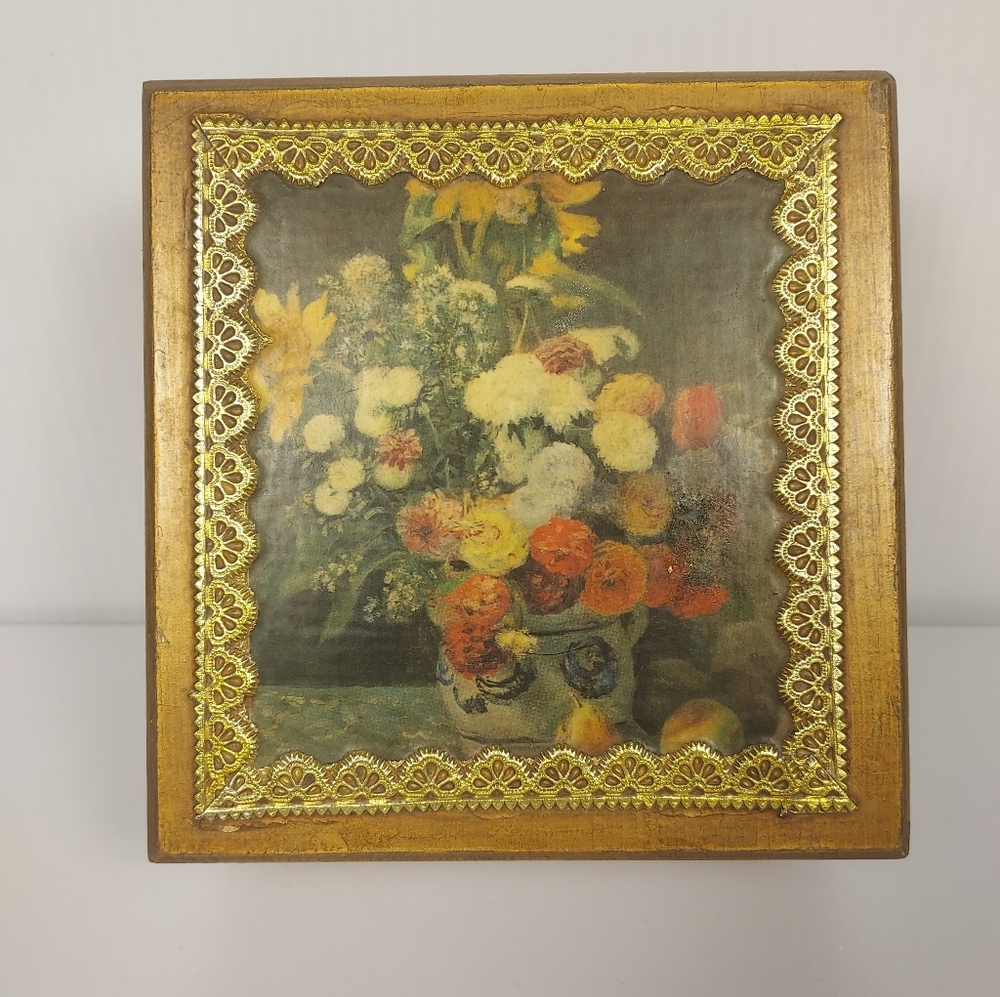 Floral Decorative Wooden Box Gold Tone Trim Unhinged Trinket Jewelry